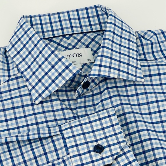 Eton Other - ETON Shirt Mens Medium Slim Fit Blue White Gingham Twill Cotton Linen Blend
